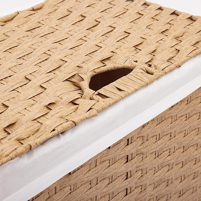 Seville Classics Premium Handwoven Portable Laundry Bin Basket with Carrying Handles, Household Storage for Clothes, Linens, Sheets, Tan, Rectangular Hamper