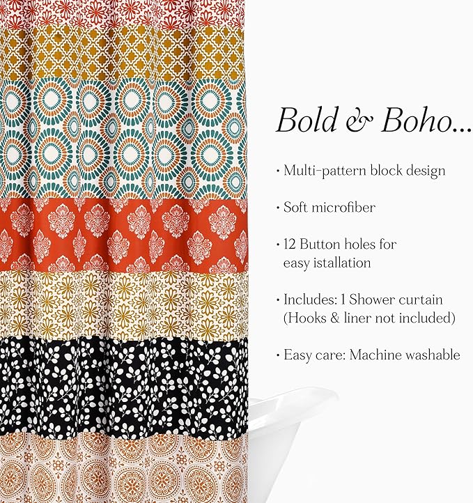 Lush Decor Bohemian Stripe Shower Curtain 72" W x 78" L Turquoise & Orange - Bathroom Curtain - Extra Long Shower Curtain - Boho Decor - Fabric Shower Curtains