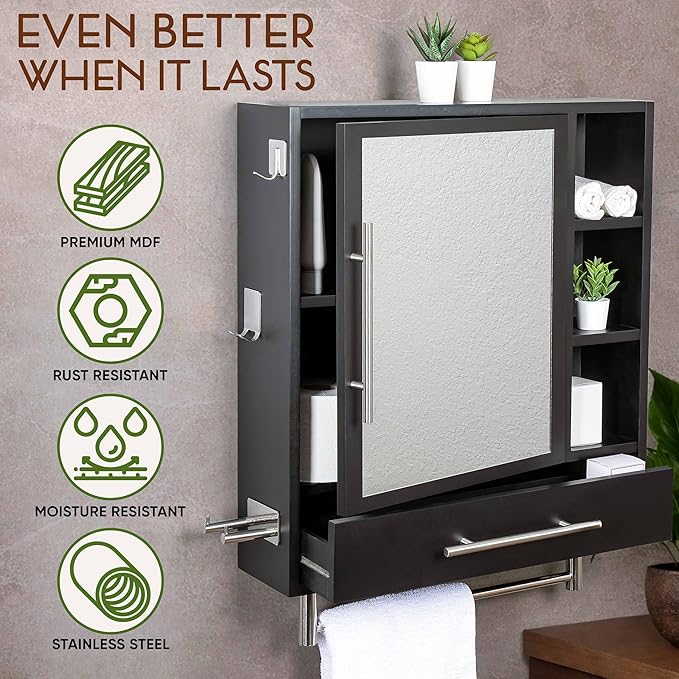 Wall-Mounted Bathroom Cabinet with Mirror - Modern Black Medicine Cabinet with Storage Shelves, Towel Bar & Hooks, Pre-Assembled Design