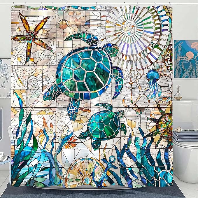Accnicc Nautical Sea Turtle Shower Curtain Teal Blue Stained Glass Ocean Theme Coastal Shower Curtains for Bathroom Large Vintage Map Beach Waterproof Fabric Bath Curtain Decor 72x78 Inches