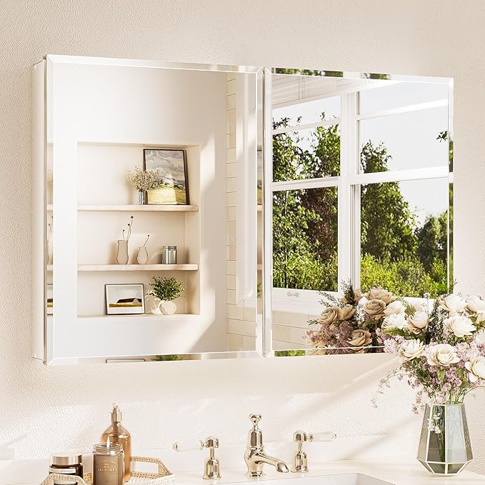 TETOTE 40 x 26 Medicine Cabinet with Mirror with Tempered Beveled MirrorWhiteMedicine Cabinet Aluminum Cabinet DTC Hinges, Stepless Adjustable Shelves, Recessed/Surface-Mounted