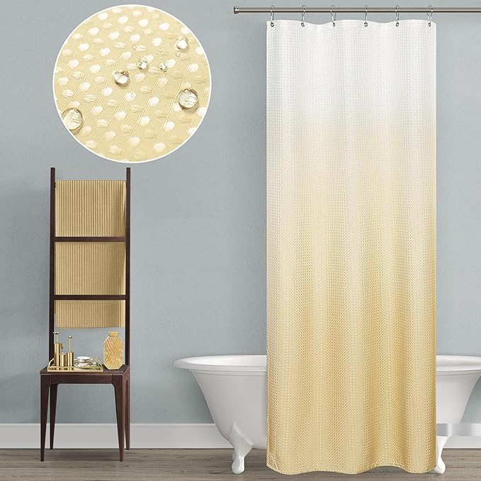 Mrs.Naturall Light Gold Small Shower Curtain 36x72 for Bathroom Ombre White and Yellow Gold Plastic Shower Curtian Liner Hooks for Stall