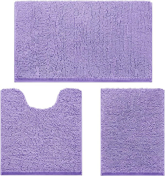 HOMEIDEAS 3 Pieces Bathroom Rugs, Ultra Soft Non Slip Absorbent Chenille Toilet Bath Mat Set (Lavender)