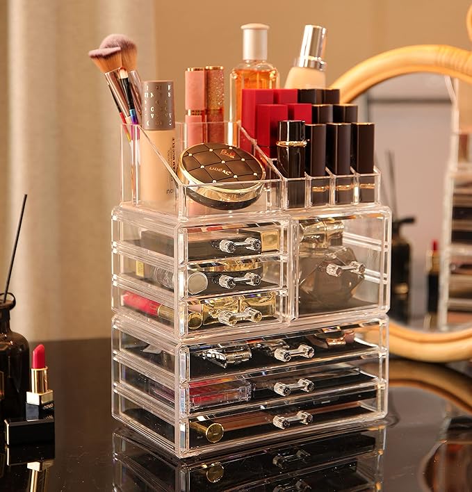 Cq acrylic 3 Pack Clear Make up Organizer Countertop,Stackable 7 Drawers Makeup Storage,Cute Vanity Organizers for dresser Hair Clip,Jewelry,Beauty Product Desk and Bathroom Organizers and Storage