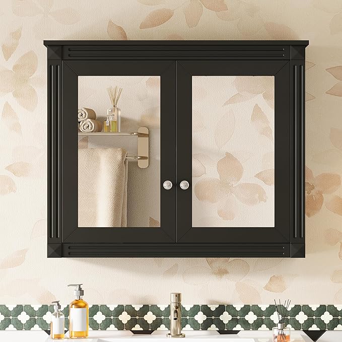 Merax Bathroom Medicine Cabinet with Mirror Door & Adjustable Shelves, 36" x 28" Wall Mounted Bathroom Storage Cabinet with Mirror, Over The Toilet