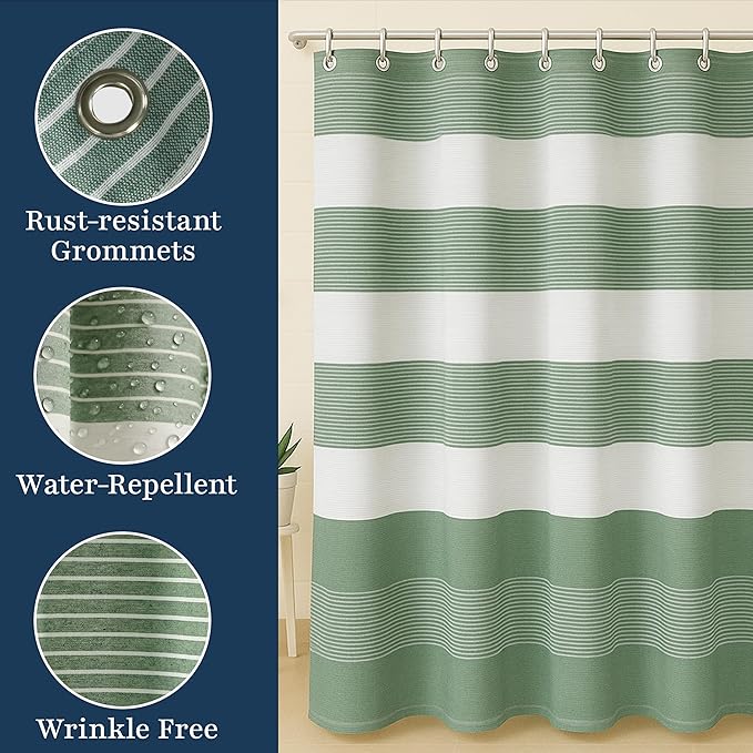LANE LINEN Premium Striped Shower Curtain - 72 x 72 inches Standard Size - Modern Spa Style & Fast Drying - Decorative Curtain & Machine Washable - Reinforced Header with Metal Grommets - Sage Green