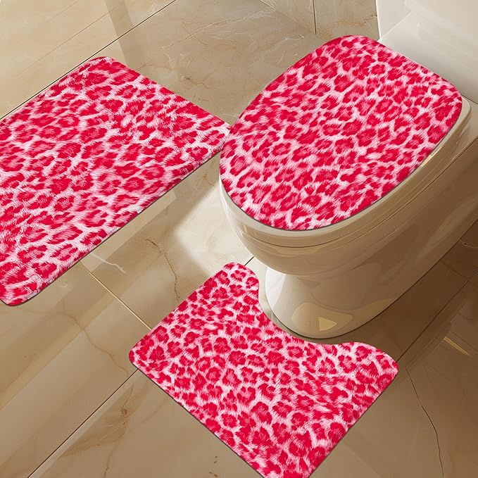 LIGHTINHOME 4 PCS Hot Pink Leopard Print Shower Curtain Set 72Wx72H,Toilet Lid Cover,Non-Slip Rugs and U-Shaped Mat,Wild Safari Cheetah Bathroom Sets with Rugs with 12 Hooks for Bathroom Decor