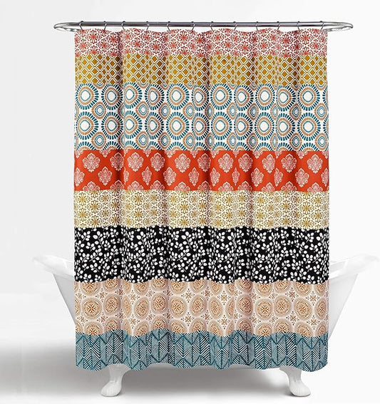 Lush Decor Bohemian Stripe Shower Curtain 72" W x 72" L Turquoise & Orange - Bathroom Curtain - Striped Shower Curtain - Boho Decor - Fabric Shower Curtains