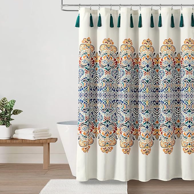 Lush Decor Boho Medallion Shower Curtain Single 72" W x 72" L Turquoise & Tangerine - Boho Shower Curtains for Bathroom Decor - Blue Bathroom Curtain