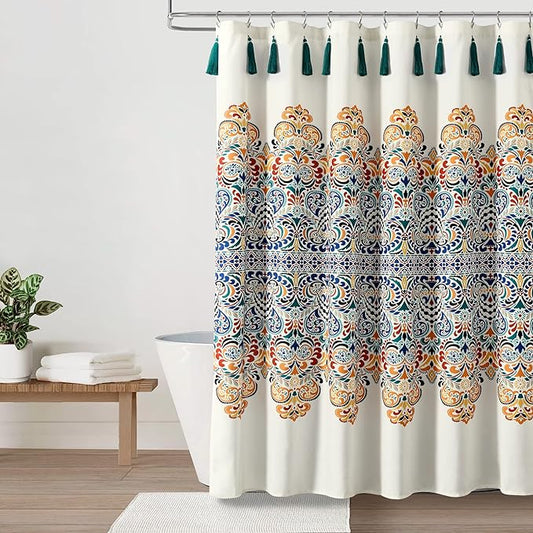 Lush Decor Boho Medallion Shower Curtain Single 72" W x 72" L Turquoise & Tangerine - Boho Shower Curtains for Bathroom Decor - Blue Bathroom Curtain