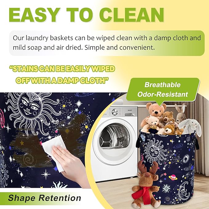 Sun Moon Galaxy Laundry Basket Funny Cosmic Foldable Waterproof Oxford Cloth Tote Bag Laundry Hamper Round Large Clothes Storage Bucket Toy Organizer For Bathroom/Laundry Storage/Bedroom 18.9x16.5 In