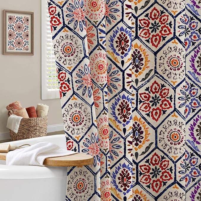 Boho Colorful Shower Curtain, Retro Bohemian Geometric Shower Curtain for Bathroom, Terracotta & Blue, 72 x 72
