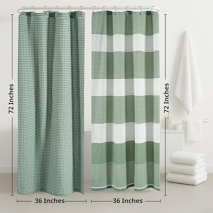 LANE LINEN Hotel Quality Shower Curtain Set - 72W x 72H, 2 Pack Heavyweight Waffle Striped Curtains with Metal Grommets - Stable Hanging Design, Water Repellent, Quick Dry & Machine Washable - Green