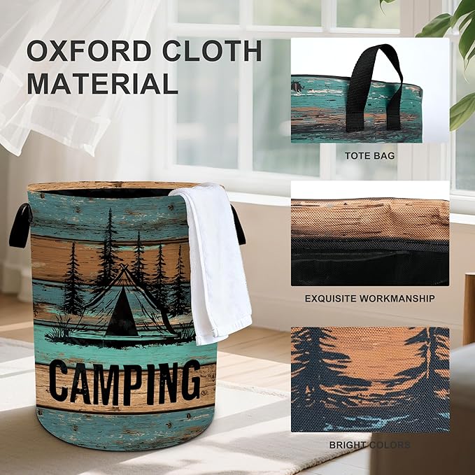 Wood Print Camping Laundry Basket Storage Bin Foldable Laundry Hamper Clothes Storage Bucket Organizer 19.6x15.7 Inch For Laundry Room/Bedroom/Bathroom