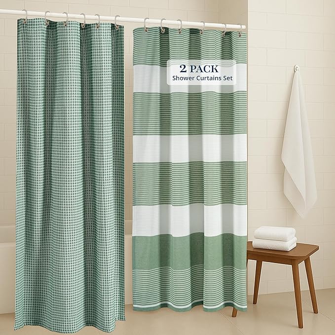 LANE LINEN Hotel Quality Shower Curtain Set - 72W x 72H, 2 Pack Heavyweight Waffle Striped Curtains with Metal Grommets - Stable Hanging Design, Water Repellent, Quick Dry & Machine Washable - Green