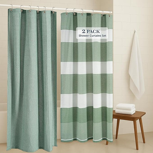 LANE LINEN Hotel Quality Shower Curtain Set - 72W x 72H, 2 Pack Heavyweight Waffle Striped Curtains with Metal Grommets - Stable Hanging Design, Water Repellent, Quick Dry & Machine Washable - Green