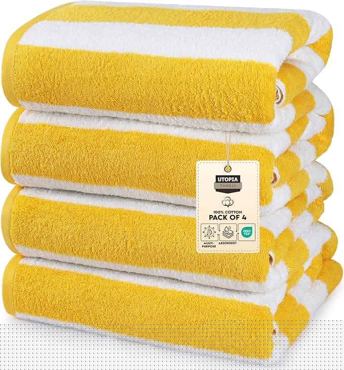 Utopia Towels 4 Pack Cabana Stripe Beach Towel, 30 by 60 Inches, Oversized 100% Ring Spun Cotton Pool Towels, Highly Absorbent Quick Dry Bath Towels for Beach, and Swim, Yellow