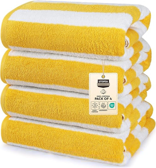 Utopia Towels 4 Pack Cabana Stripe Beach Towel, 30 by 60 Inches, Oversized 100% Ring Spun Cotton Pool Towels, Highly Absorbent Quick Dry Bath Towels for Beach, and Swim, Yellow