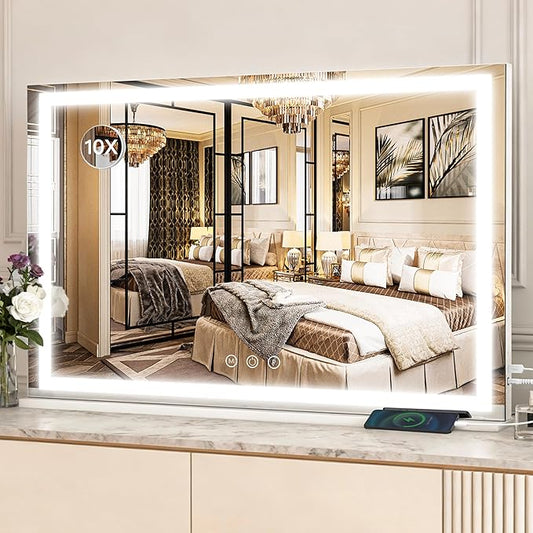 ROLOVE 39" x 28" Extra Large Vanity Mirror with Lights, Lighted Makeup Mirror with USB Charging Port & 10X Magnifier, 3 Color Dimmable Smart Touch, Wall Mounted or Tabletop Desk Mirror, White