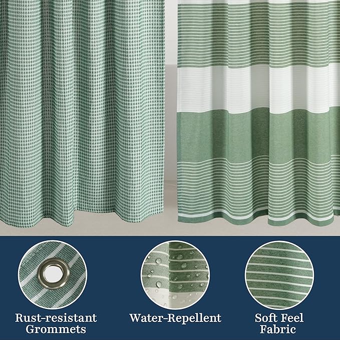LANE LINEN Hotel Quality Shower Curtain Set - 72W x 72H, 2 Pack Heavyweight Waffle Striped Curtains with Metal Grommets - Stable Hanging Design, Water Repellent, Quick Dry & Machine Washable - Green