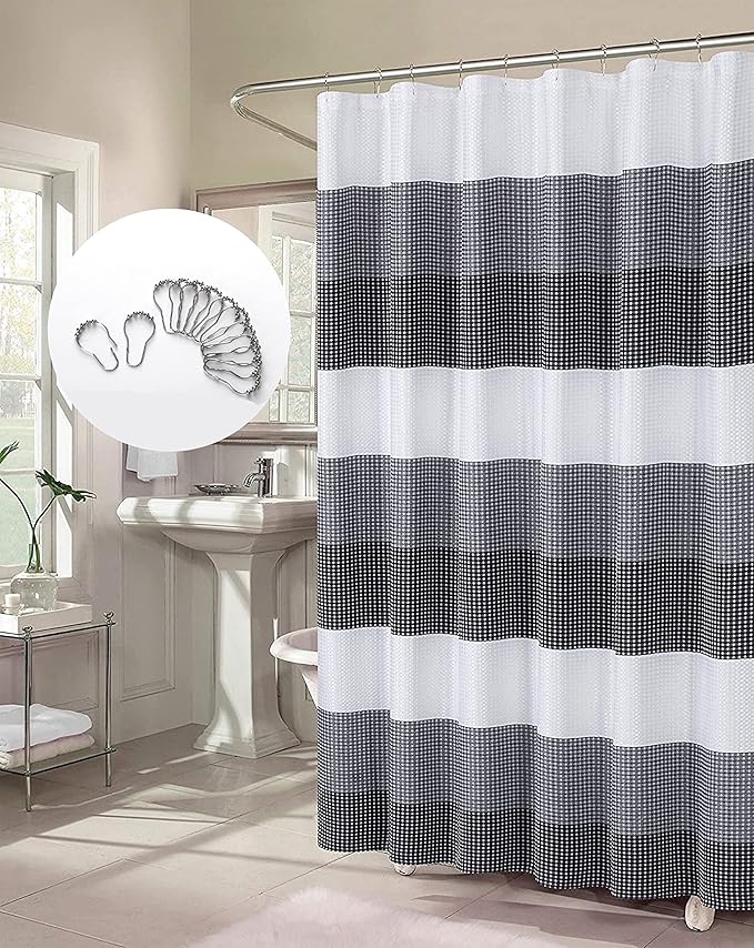 Dainty Home Waffle Weave Waterproof Shower Curtains, Black 70" x 72", Bath Curtains, Shower Curtain Waterproof Fabric with 12 Roller Ball Hooks