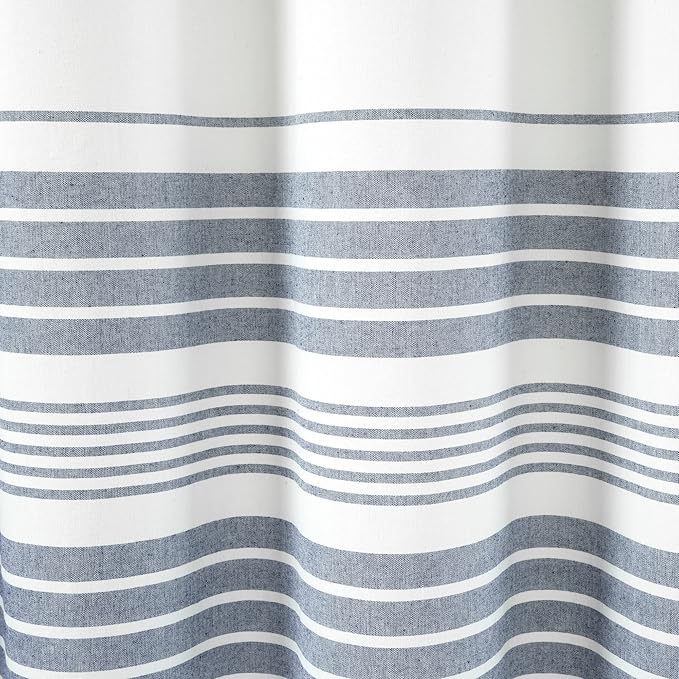 Lush Decor Nantucket Yarn Dyed Cotton Blend Tassel Fringe Shower Curtain Single 72" W x 72" L White & Navy - White Shower Curtains for Bathroom Curtain