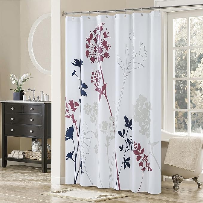 Floral Fabric Shower Curtain, White and Burgundy Flower Shower Curtain, Blue and Gray Plant Shower Curtains for Bathroom, Waterproof Bathroom Curtains, 72" W x 72" H