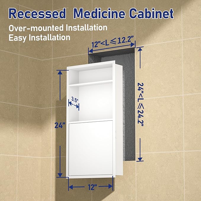 Recessed Medicine Cabinet with Door 24" X 12" White Wall Medicine Cabinets with 3-Tier Shelf 304 Stainless Steel Niche Shower for Bathroom Storage