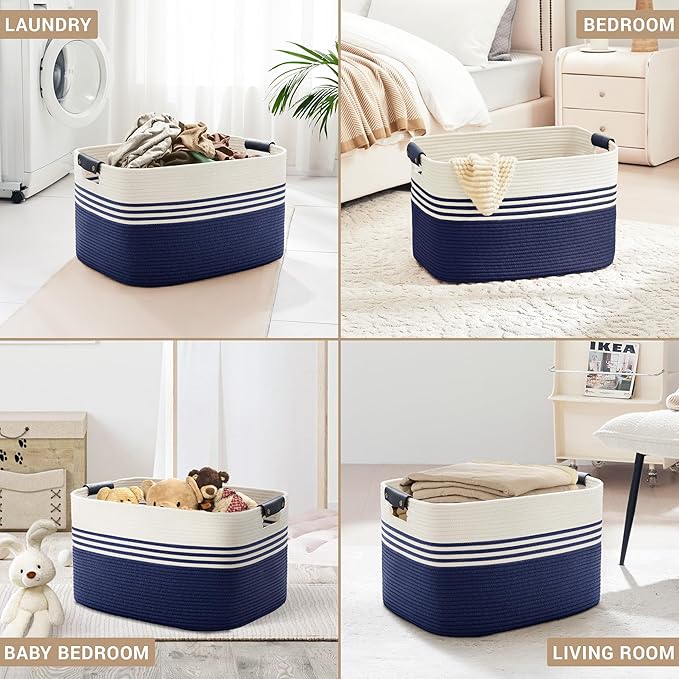 100L Extra Large Laundry Basket with Leather Handles for Living Room Storage, Woven Rope Baskets for Blanket, Kids Toy, Gifts, Wicker Hamper for Bedroom Dirty Clothes, 24"x16"x16" White Navy