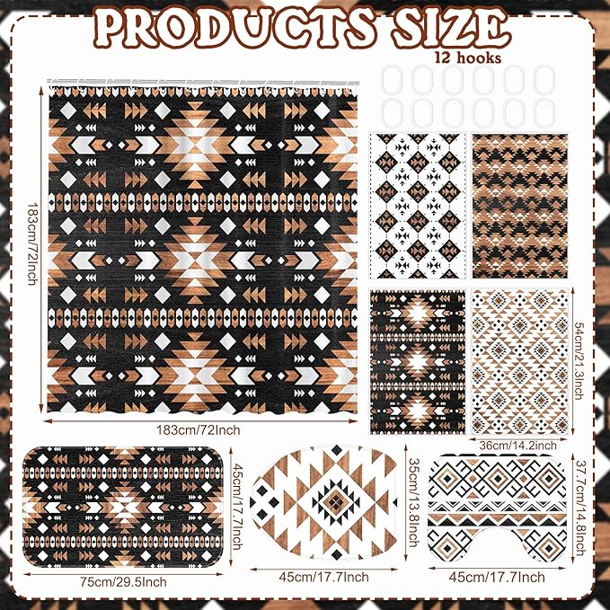 FuWeave 8 Pcs Western Aztec Shower Curtain Set Geometric Vintage Bathroom Decor Boho Abstract Pattern Waterproof Shower Curtain Aztec Towels Non Slip Rug Toilet Lid Cover Bath Mat with 12 Hooks