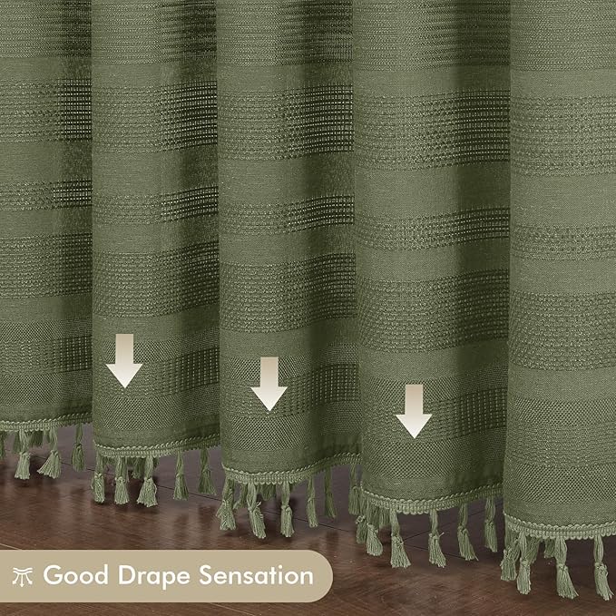 OVZME Sage Green Shower Curtain 78 Inch Long, Boho Thick Linen Textured Shower Curtain with Tassel, Farmhouse Minimalist Striped Weighted Machine Washable Bathroom Decor, 72Wx78L Inches