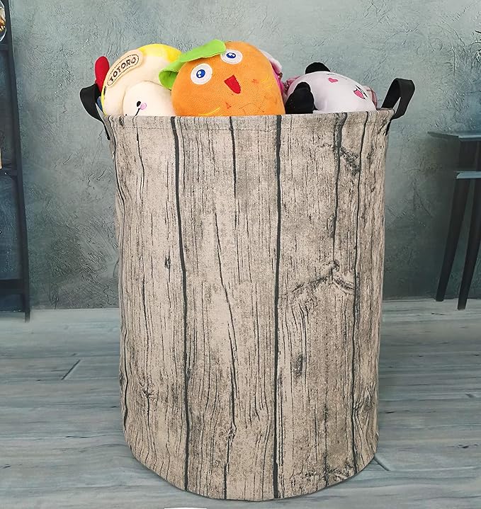 KUNRO Round Laundry Gift Basket Storage Hamper, Clothes Storage Organizer Bins, Shelf Basket with Handles for Room Decor (Tree Stump)