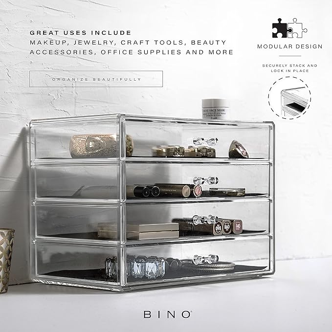 BINO | 4 Drawer Makeup Organizer | Lenox Avenue | THE MANHATTAN SERIES | Makeup Drawer Storage | Cosmetic Organizer | Plastic Vanity | Organizer Clear Makeup Organizers And Storage Cases | Acrylic