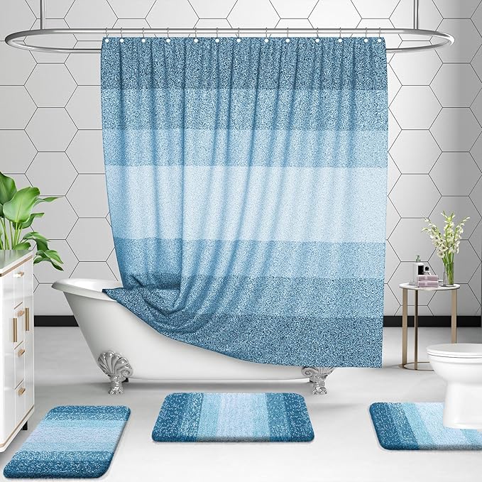 OLANLY Bathroom Rugs Sets 3 Piece, Soft Absorbent Microfiber Bath Mats and U-Shaped Contour Toilet Rug, Plush Shaggy Bath Mat Set for Bathroom (30"x20"+24"x16"+24"x20", Peacock Blue)