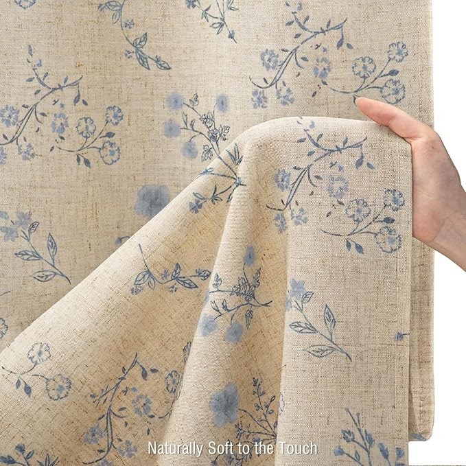 Blue Floral Vintage Linen Shower Curtain, French Country Shower Curtains for Bathroom, 72Wx84H