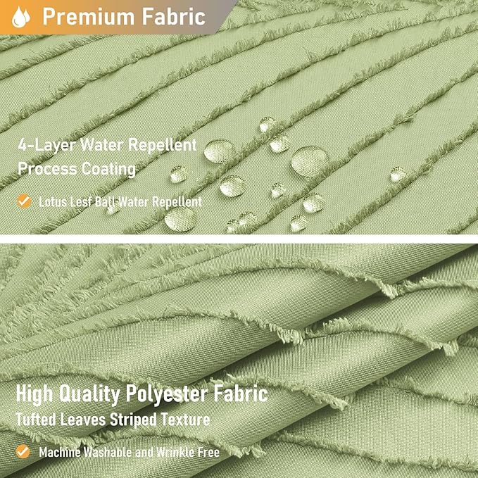 BTTN 72x84 Shower Curtain - Extra Long Boho Tufted Leaves Textured Striped Tassel Shower Curtain Set with 12 Plastic Hooks, Water Repellent, Farmhouse Country Shower Curtains for Bathroom, Sage Green