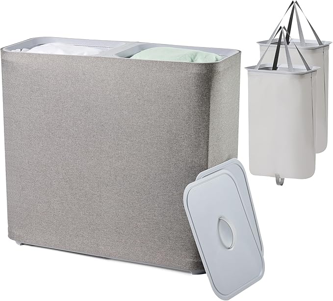 150L laundry hamper with lid, Large-sized Laundry Baskets, Portable 2 Dividers Dirty Clothes Basket with Handles, for Bedroom Laundry Room Closet Bathroom College, Grey