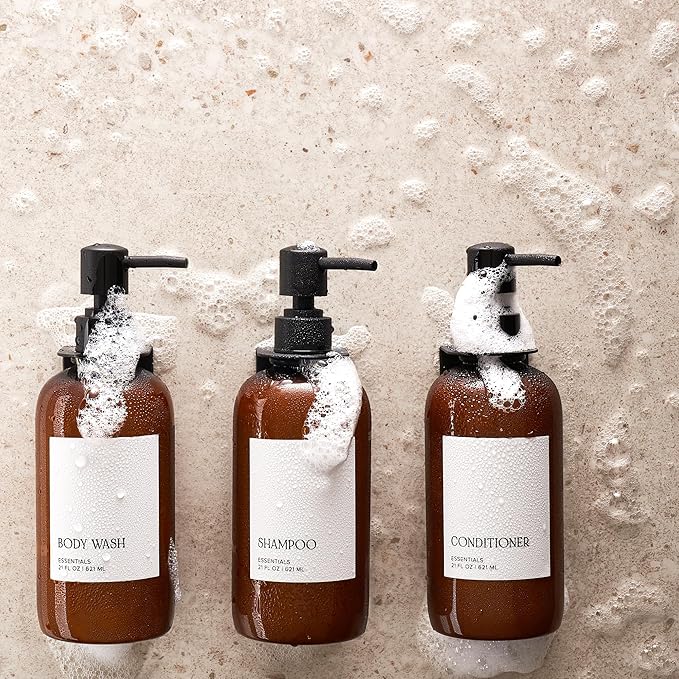 Stylish Shampoo and Conditioner Dispenser Set of 3 for Wall Mount - Modern Drill Free 21oz Shower Soap Bottles with Labels - Easy Refill Body Wash Dispensers for an Instant Bathroom Decor Upgrade