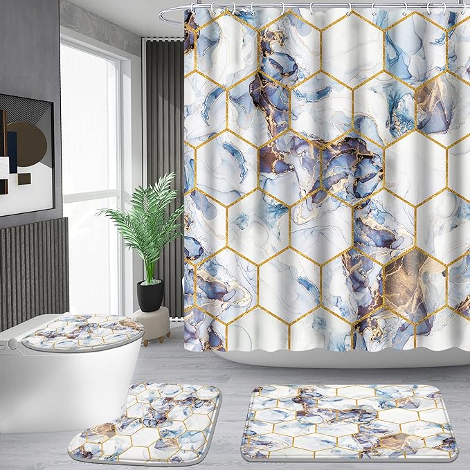 Poedist Shower Curtain Set with Rugs,Bathroom Accessory Set, Including Non-Slip Rugs,Toilet Lid Cover and Bath Mat, Waterproof Shower Curtain with 12 Hooks, Honeycomb Marble