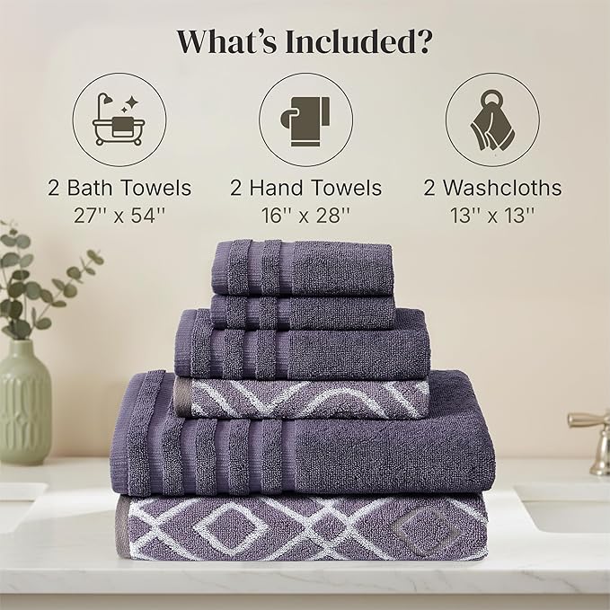 Modern Threads Classic Diamond 6-Piece 100% Cotton Towel Set – Yarn Dyed Jacquard – Includes 2 Bath Towels, 2 Hand Towels, 2 Washcloths – Absorbent, Quick Dry, Soft & Durable – Purple