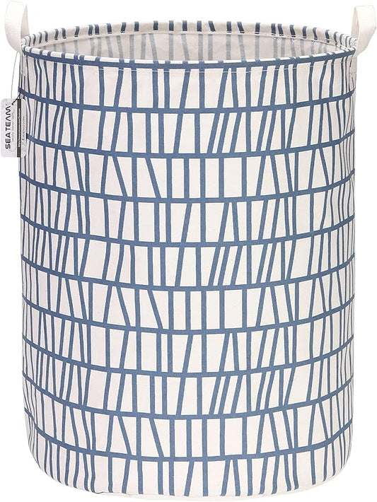 Sea Team 19.7 Inches Large Sized Waterproof Coating Ramie Cotton Fabric Folding Laundry Hamper Bucket Cylindric Burlap Canvas Storage Basket with Stylish Branch Blue Design