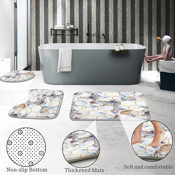 Poedist Shower Curtain Set with Rugs,Bathroom Accessory Set, Including Non-Slip Rugs,Toilet Lid Cover and Bath Mat, Waterproof Shower Curtain with 12 Hooks, Honeycomb Marble
