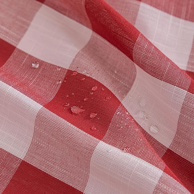 VOILYBIRD Red and White Shower Curtain Linen Texture Buffalo Plaid Farmhouse and Boho Mix with Pompoms 36"x72"