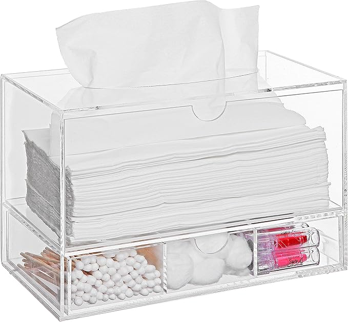MyGift Modern Clear Acrylic Facial Tissue Dispenser Holder with Pull-Out Drawer for Makeup Cosmetics and Accessories, Vanity Countertop Bathroom Supplies Caddy