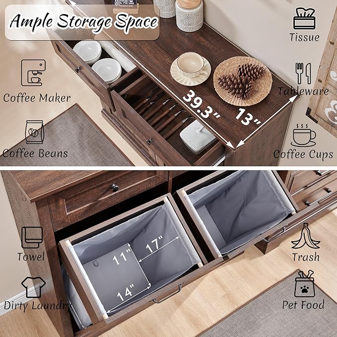 IFBUY Double Tilt Out Laundry Hamper Cabinet, 20 Gallon Farmhouse Trash Can Cabinet with Drawer, Hidden Wood Garbage Can Bin Cabinet with Laundry Storage Basket for Bathroom, Kitchen, Brown