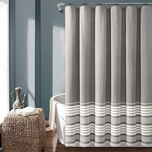 Lush Decor Nantucket Yarn Dyed Cotton Blend Tassel Fringe Shower Curtain Single 72" W x 72" L Gray - Gray Shower Curtains for Bathroom Curtain