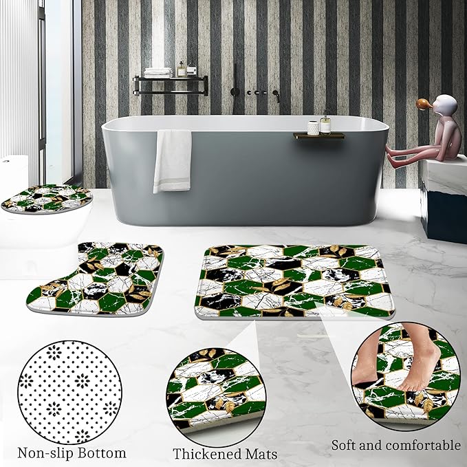 Poedist Shower Curtain Set with Rugs,Bathroom Accessory Set, Including Non-Slip Rugs,Toilet Lid Cover and Bath Mat, Waterproof Shower Curtain with 12 Hooks,Green and White Honeycomb Marble