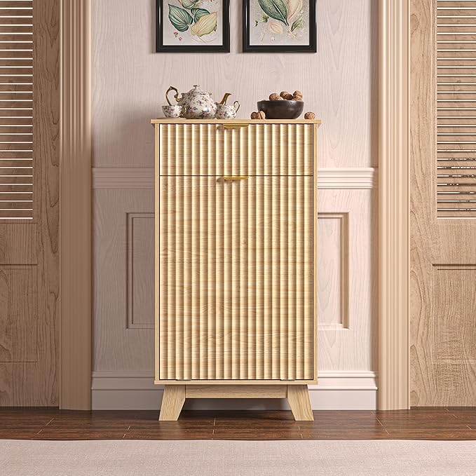 Wodeer Tilt Out Laundry Hamper Cabinet with Storage and Drawer, 10 Gallon Fluted Hidden Trash Can Cabinet, Farmhouse Wood Laundry Basket Cabinets for Bathroom, Kitchen, Natural Oak