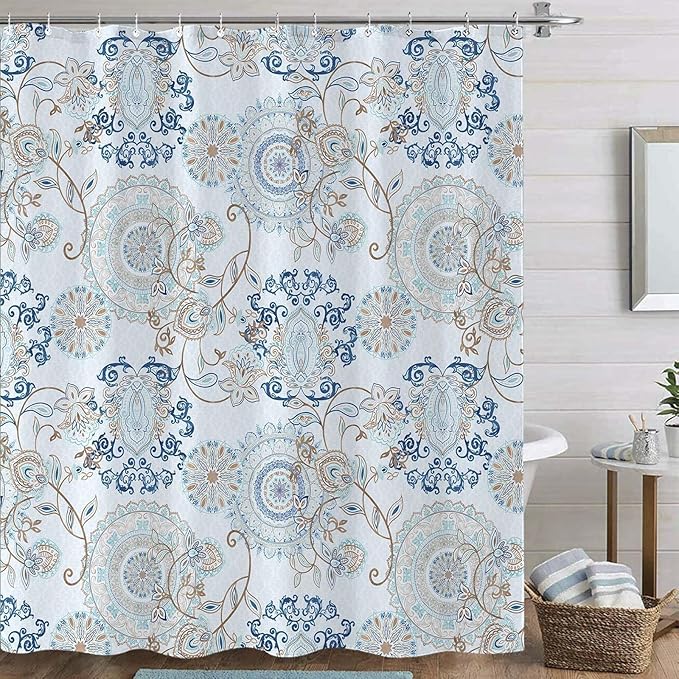 Neasow Light Blue and Navy Paisley Shower Curtain, Cool Teal Design Floral Bathroom Curtain Shower Curtains 72×72 inches