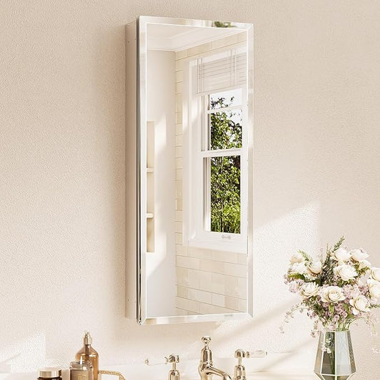 TETOTE 15 x 36 Mirrored Medicine Cabinets for Bathroom with Tempered Beveled MirrorSilverMedicine Cabinet Aluminum Cabinet DTC Hinges, Stepless Adjustable Shelves, Recessed/Surface-Mounted